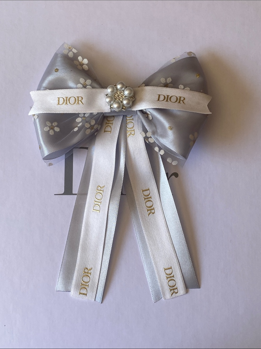 Dior Silver and White Ribbon Hair Clip Bow with Pearl Flower Accent Handmade